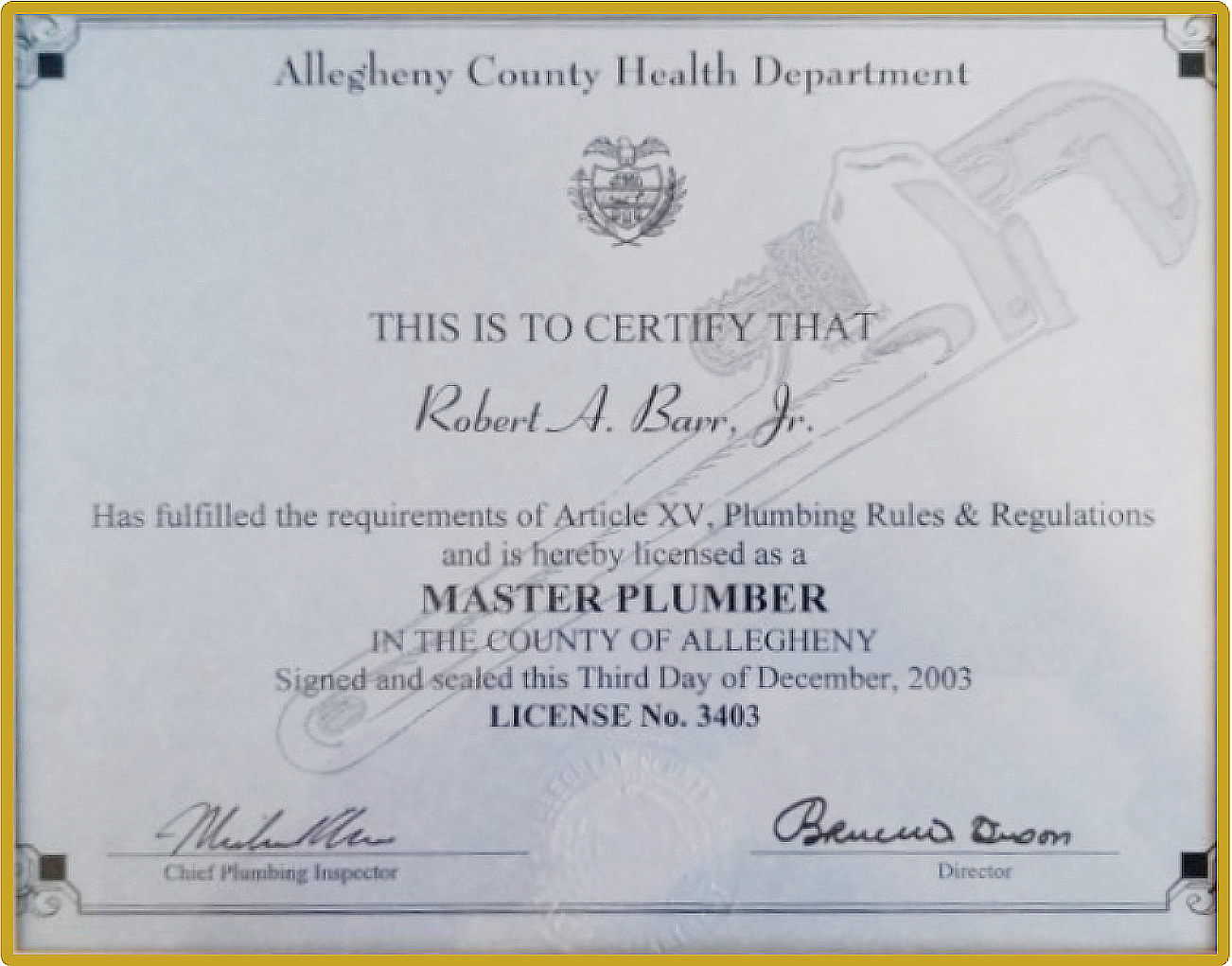 MASTER PLUMBER Certificate